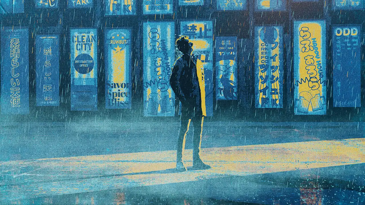 Animated image of a man standing still under the rain, looking up, surrounded by illuminated retro signs on a city street, featured as the cover for Dopamine Blister's 'Pill 2' video.